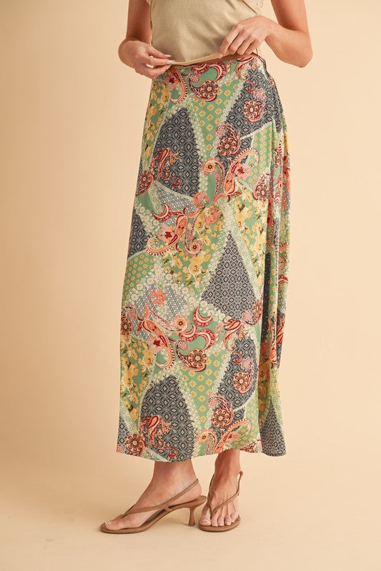 Aemi + Co Printed Maxi Skirt in Sage/Golden - us.meeeshop