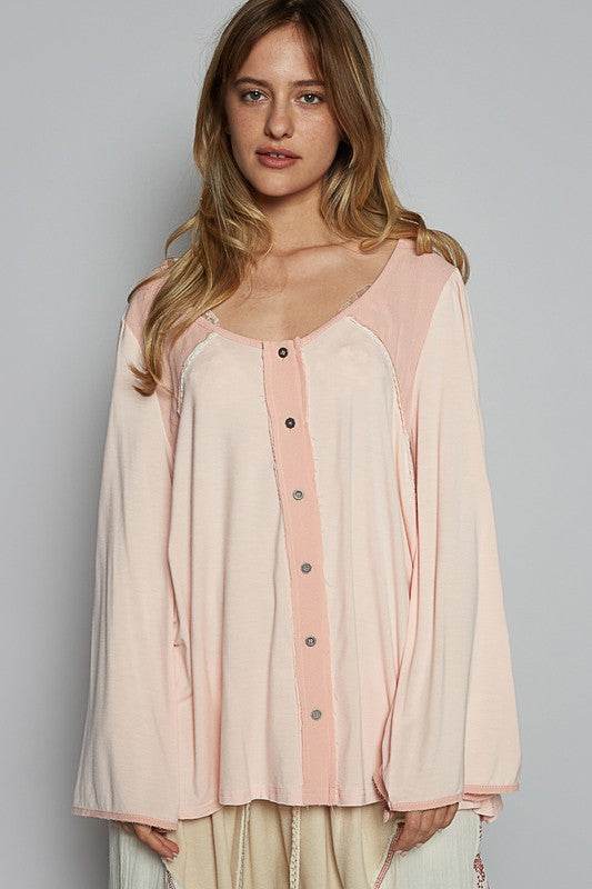 POL Contrast Button Front Long Sleeve Knit Top in Apricot - us.meeeshop