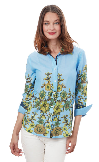 3/4 Sleeve Rome Shirt Light Blue and Leaves in L view 4 - Blue Leaves (top)