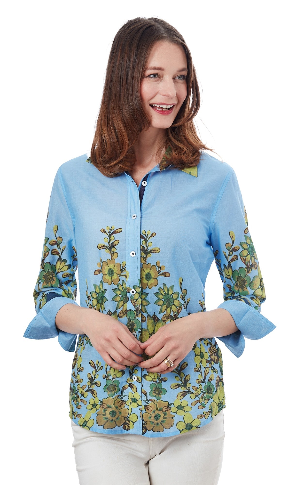 3/4 Sleeve Rome Shirt Light Blue and Leaves in XL view 5 - Blue Leaves (top)