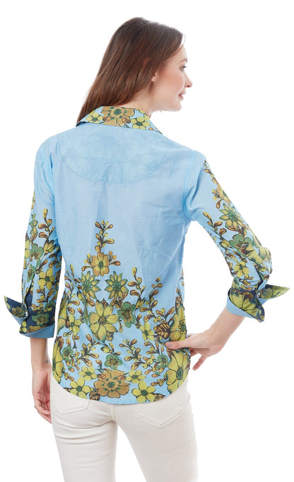 3/4 Sleeve Rome Shirt Light Blue and Leaves view 6 - Blue Leaves (top)