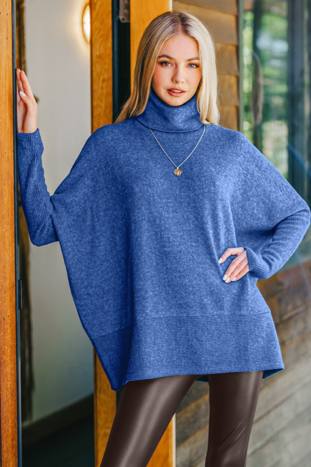 Zenana Full Size Brushed Melange Hacci Turtleneck Sweater In Navy