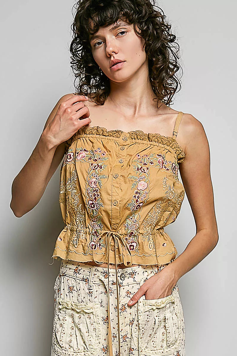 pol button down POL Button Down Floral Embroidered Cropped Cami with Lace Detail view 2 (top) - shop at us.meeeshop