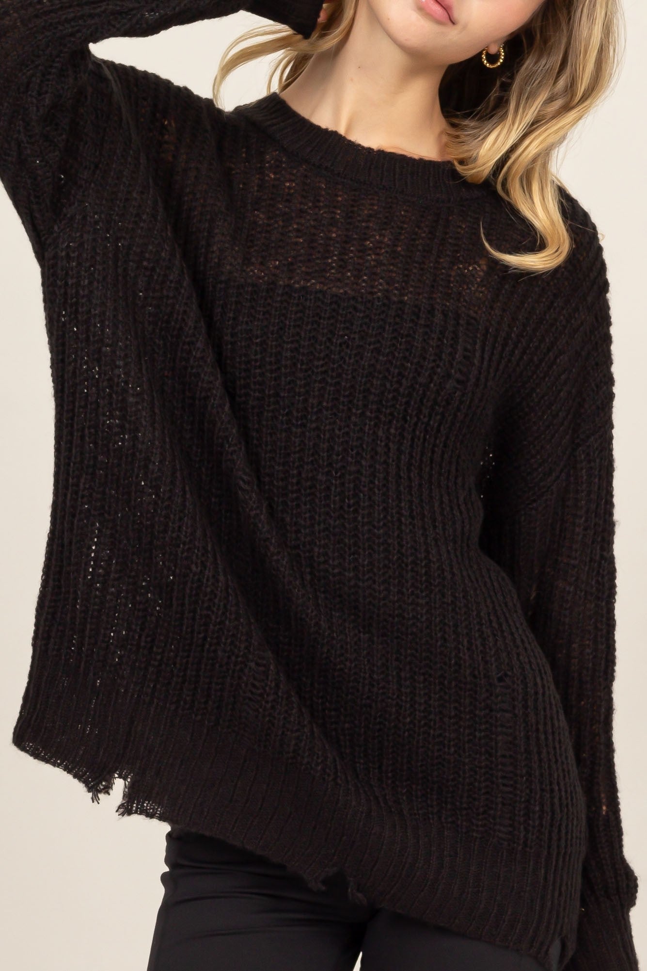 HYFVE Distressed Long Sleeve Knit Top In Black