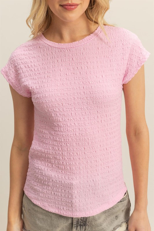 HYFVE Textured Round Neck Cap Sleeve Knit Top - us.meeeshop