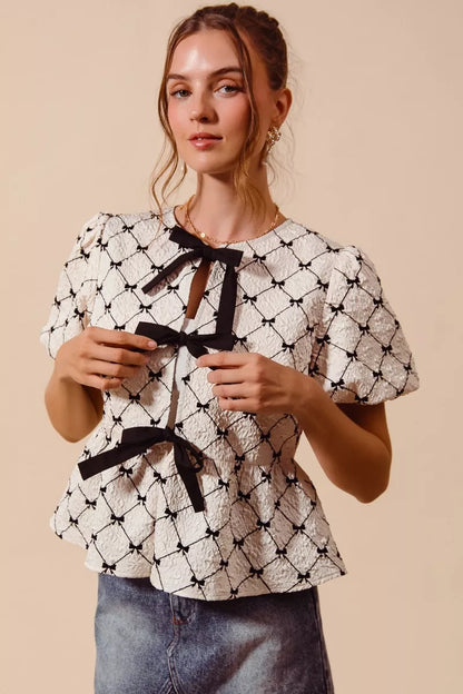 bow texture woven So Me Bow Texture Woven Peplum Top with Contrast Tie IVORY (top) - shop at us.meeeshop