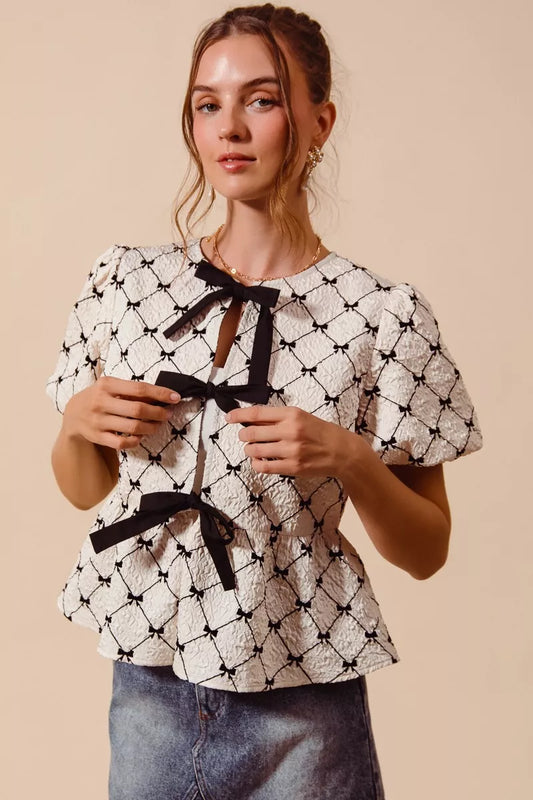 SO ME Bow Texture Woven Peplum Top with Contrast Tie (women's shirts & tops) - shop at us.meeeshop