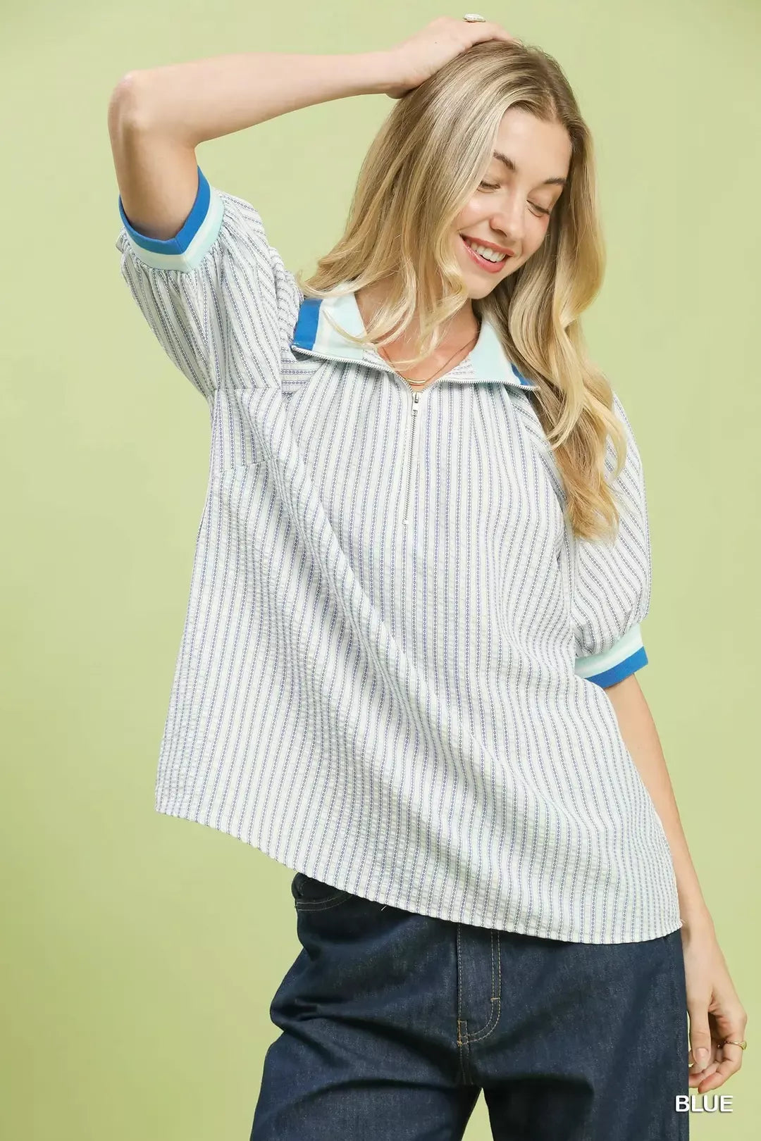 umgee botanical print Umgee Botanical Print Puff Short Sleeve Blouse BLUE (top) - shop at us.meeeshop