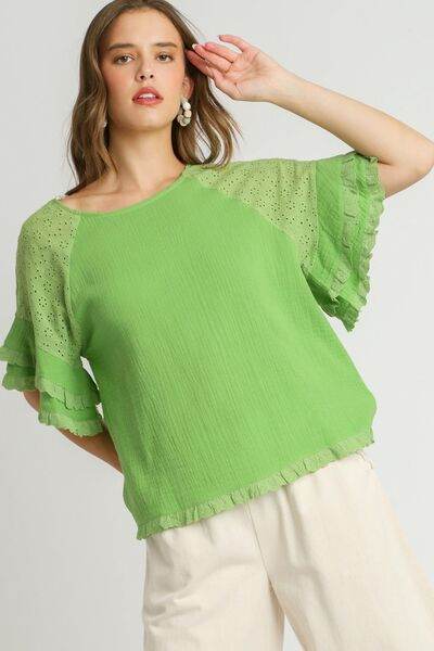 Umgee Cotton Gauze Round Neck Ruffle Eyelet Layered Sleeve Blouse Plus Size - us.meeeshop