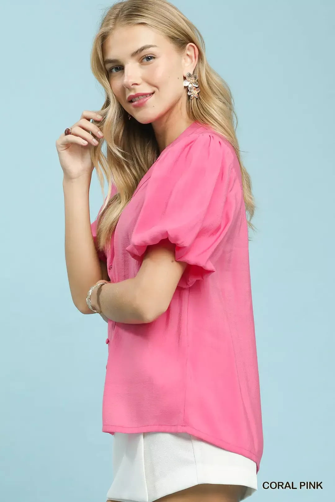 umgee button down Umgee Button-down Puff Sleeve Shirt view 3 (top) - shop at us.meeeshop