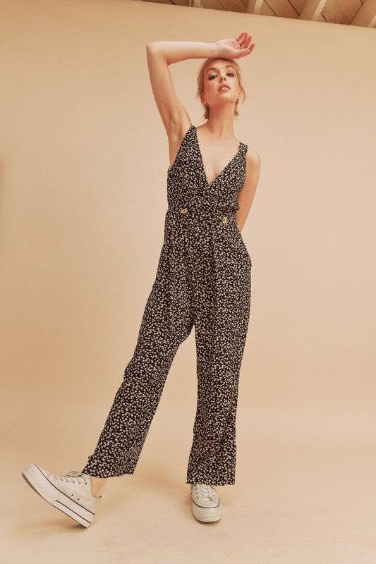 Aemi + Co Ditsy Floral Surplice Sleeveless Wide Leg Jumpsuit - us.meeeshop