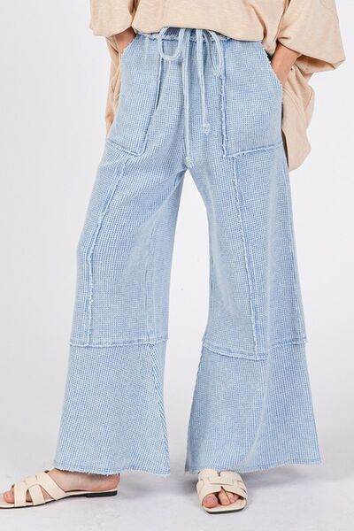 SAGE + FIG Waffle Textured Wide Leg Mineral Washed Pants - us.meeeshop