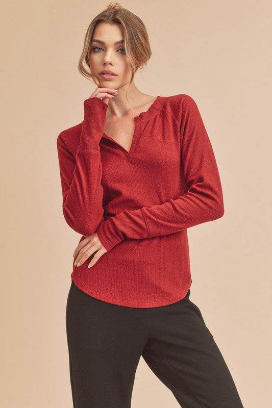 Aemi + Co Notched Raglan Sleeve Curved Hem T-Shirt - us.meeeshop