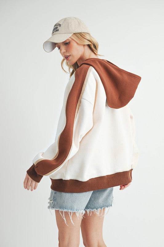 Aemi + Co Color Block Kangaroo Pocketed Hoodie in Oatmeal - us.meeeshop