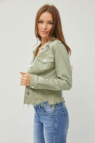 RISEN Raw Hem Button Up Cropped Denim Jacket Plus Size - us.meeeshop