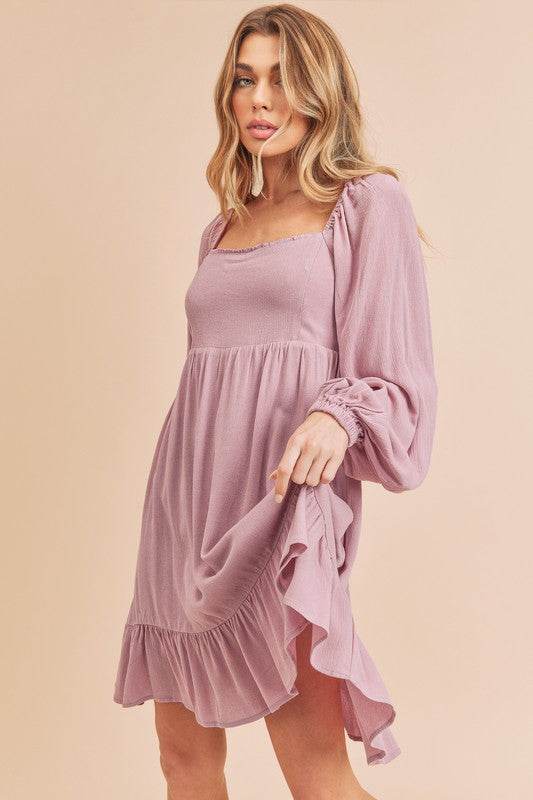 Aemi + Co Ruffled Hem Square Neck Balloon Sleeve Mini Dress - us.meeeshop