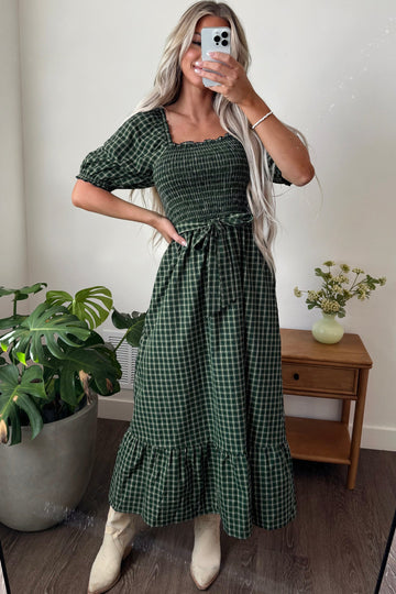 Daisy Plaid Square Neck Shirred High Waist Ruffle Hem Dress