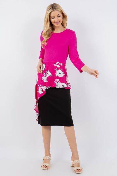 Celeste Floral Asymmetrical Hemline Round Neck Top Plus Size - us.meeeshop