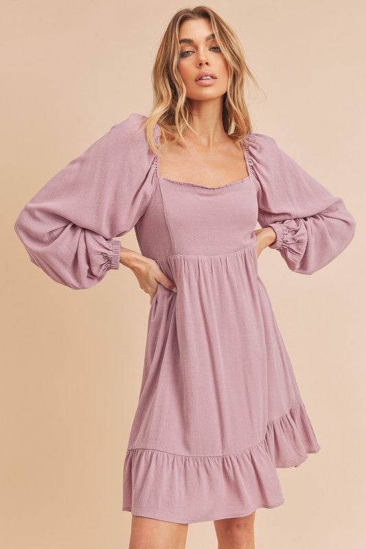 Aemi + Co Ruffled Hem Square Neck Balloon Sleeve Mini Dress - us.meeeshop