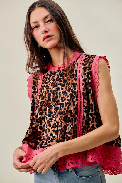 SO ME Leopard Button Up Pleated Sleeveless Blouse | view 9 | Trendsi | us.meeeshop