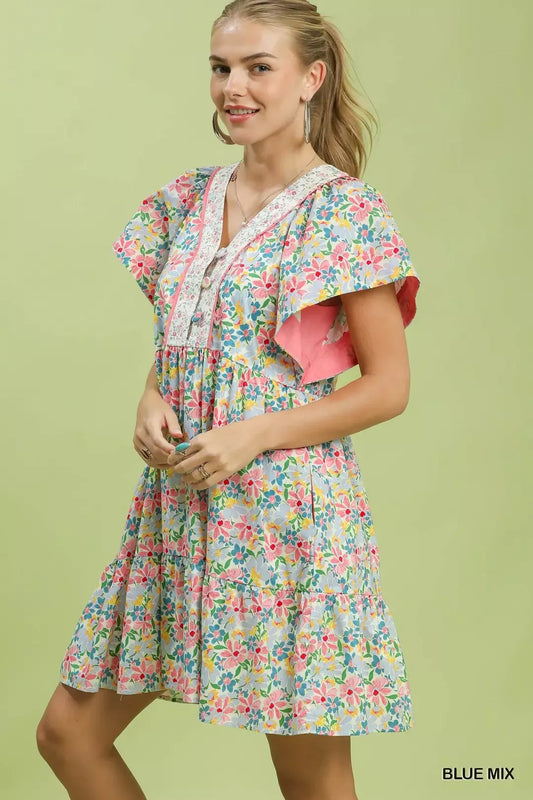 Umgee Mix Floral Tiered Mini Dress with Side Pockets (women's dresses) view 2 - shop at us.meeeshop
