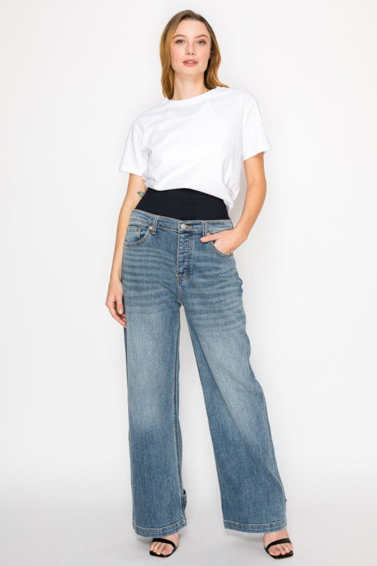 Adjustable Hem Knit Band Wide Leg Jeans us.meeeshop -  Pants