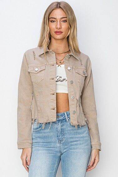 RISEN Raw Hem Button Up Cropped Denim Jacket Plus Size - us.meeeshop