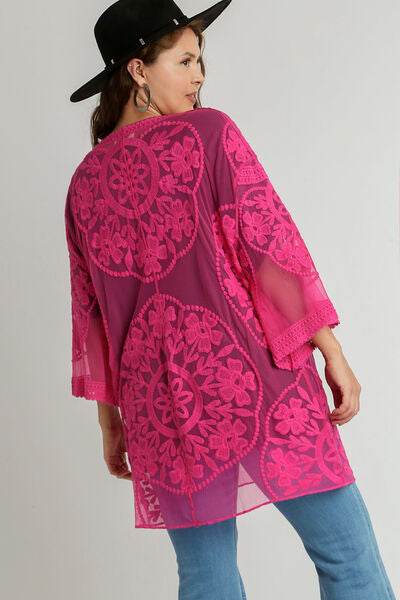 Umgee Floral Lace Open Front Kimono Sleevee Cover Up with Waist Tie Plus Size - us.meeeshop