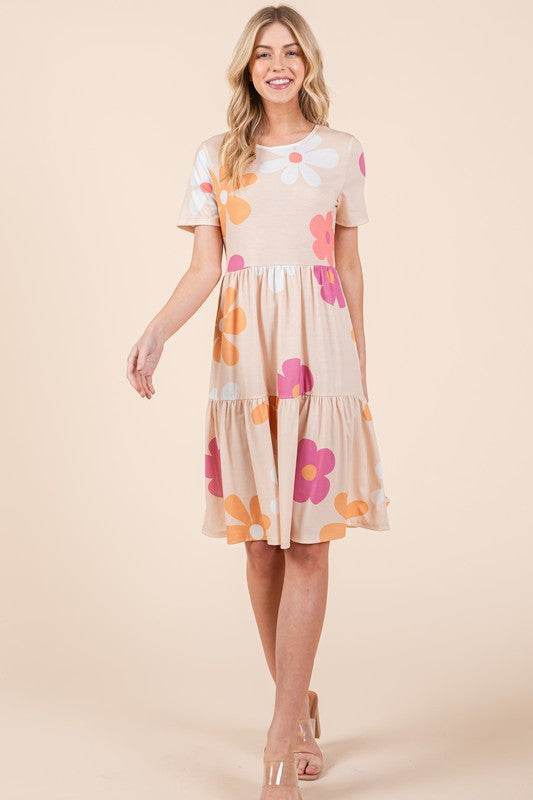 BOMBOM Floral Round Neck Short Sleeve Tiered Dress - us.meeeshop