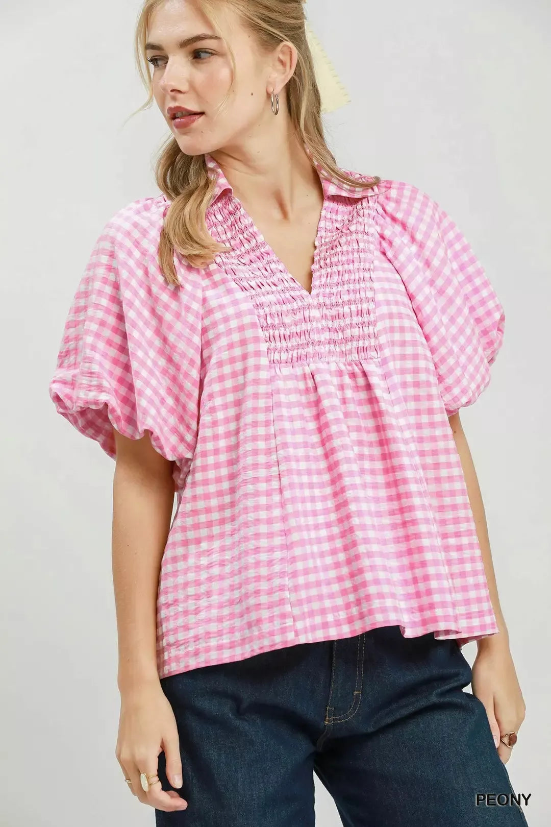umgee smocked yoke Umgee Smocked Yoke Puff Sleeve Gingham Blouse PEONY (top) - shop at us.meeeshop