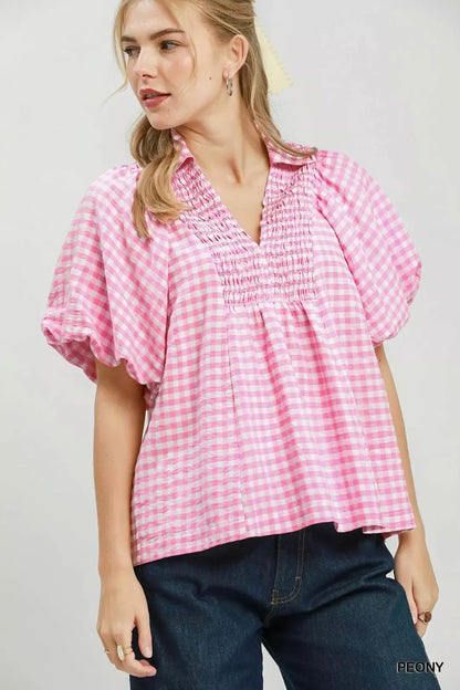 umgee smocked yoke Umgee Smocked Yoke Puff Sleeve Gingham Blouse PEONY (top) - shop at us.meeeshop