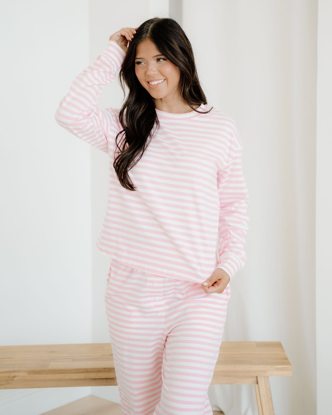 thea stripe drop Thea Stripe Drop Shoulder Round Neck Top and Buttoned Straight Pants Two Piece Set Pink Stripe (top) - shop
