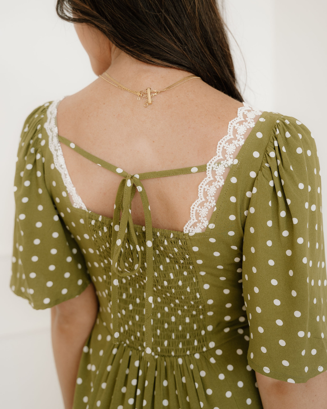 maleah polka dot Maleah Polka Dot Print Lacy Neckline Smocked High Waist Maxi Dress view 9 (dress) - shop at us.meeeshop