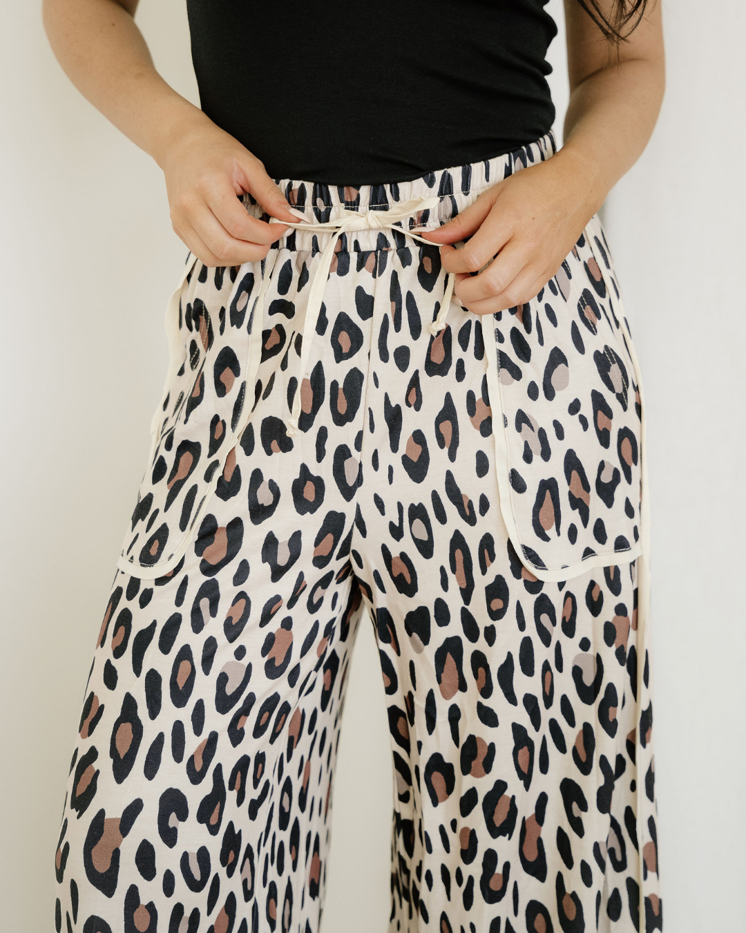 kahlani leopard drawstring Kahlani Leopard Drawstring Wide Leg Cropped Pants view 6 (bottom) - shop at us.meeeshop