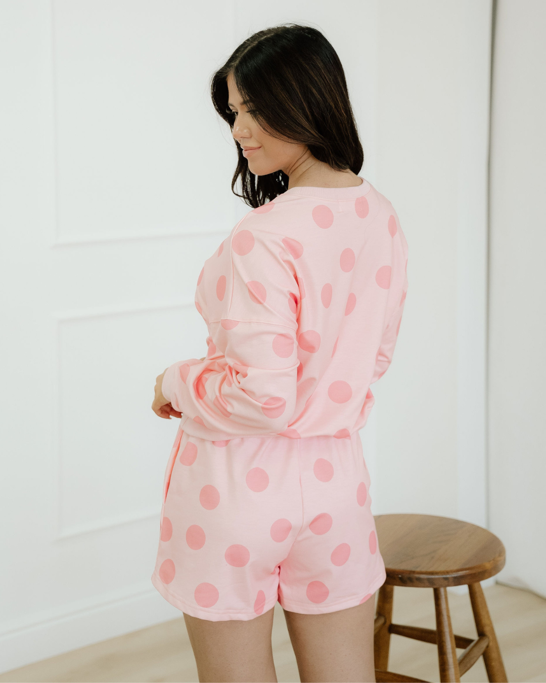kaylee polka dot Kaylee Polka Dot Print Drop Shoulder Pullover Drawstring Shorts Set - Pink view 7 (bottom) - shop at us.meee