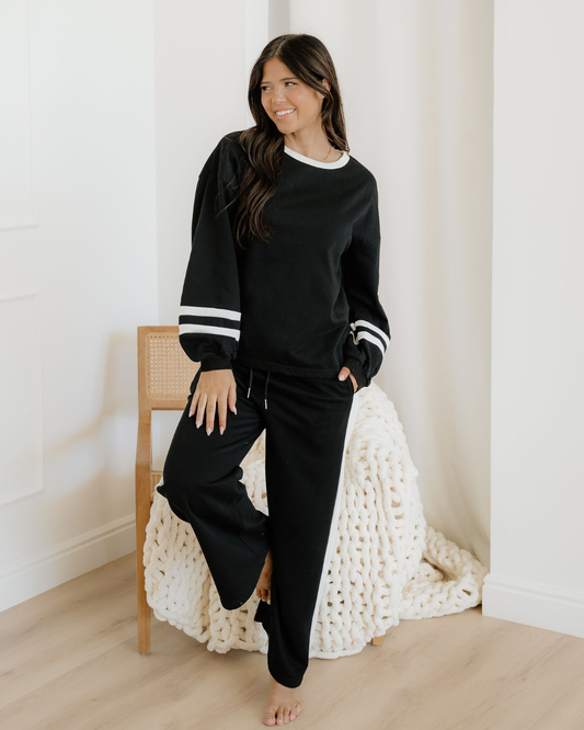 jordyn varsity stripe Jordyn Varsity Stripe Drawstring Wide Leg Pant Set - Black Black (bottom) - shop at us.meeeshop