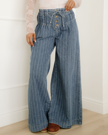 cora stripe button Cora Stripe Button Pleated Drawstring Waist Casual Wide Leg Jeans view 5 (bottom) - shop at us.meeeshop