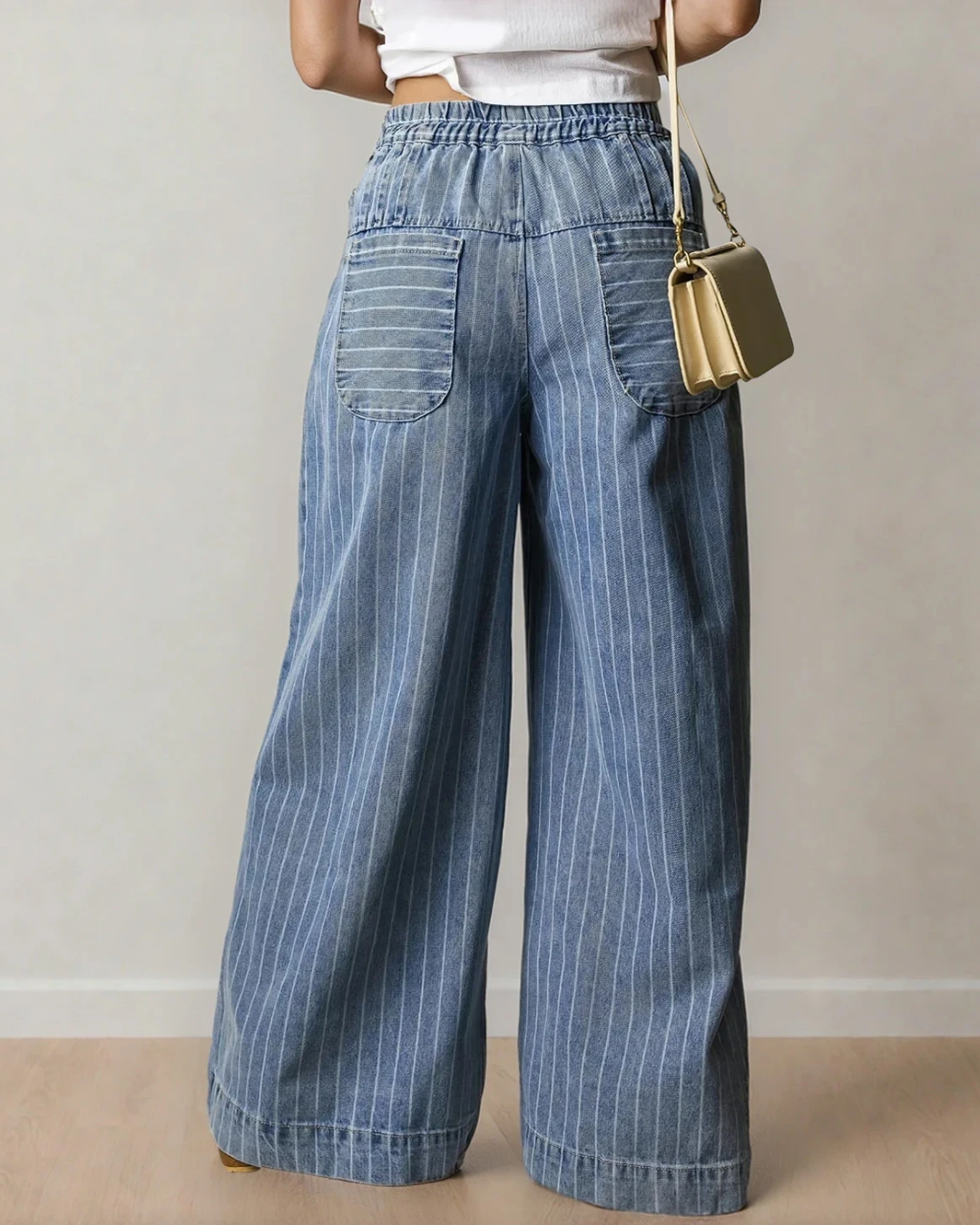 cora stripe button Cora Stripe Button Pleated Drawstring Waist Casual Wide Leg Jeans view 4 (bottom) - shop at us.meeeshop