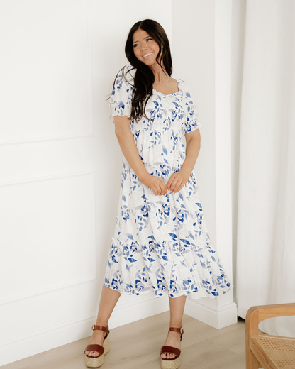 faith smocked bodice Faith Smocked Bodice Short Puff Sleeve Tiered Floral Midi Dress Sky Blue (dress) - shop at us.meeeshop
