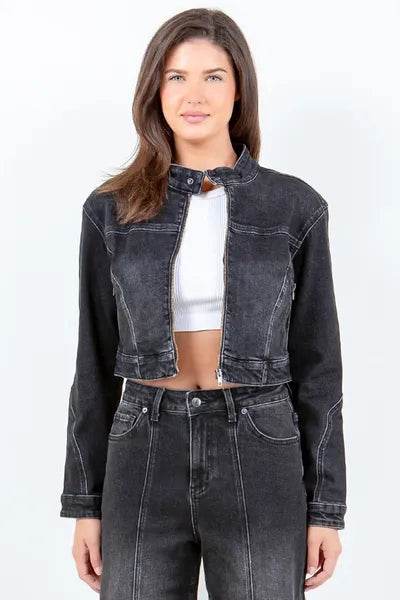 American Bazi Zip Up Cropped Denim Rider Jacket - us.meeeshop