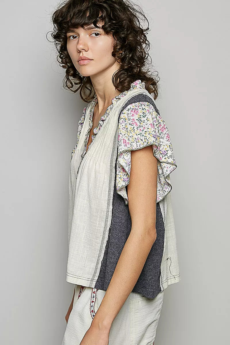 pol neck floral Pol V-neck Floral Ruffle Sleeve Blouse view 3 (top) - shop at us.meeeshop