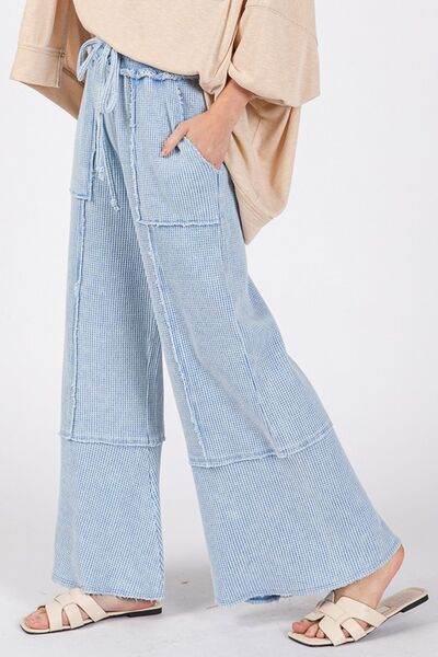 SAGE + FIG Waffle Textured Wide Leg Mineral Washed Pants - us.meeeshop