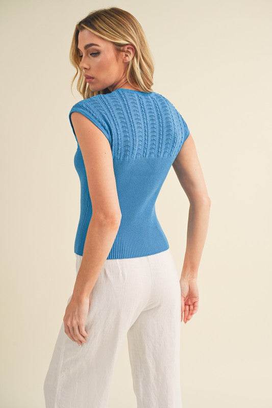 Aemi + Co Openwork Round Neck Cap Sleeve Knit Top - us.meeeshop