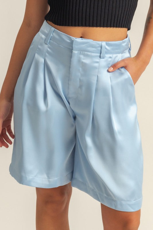 HYFVE High-Waist Pleated Satin Shorts in Pastel Blue - us.meeeshop