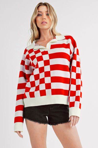 Aemi + Co Striped & Checkered Drop Shoulder Sweater - us.meeeshop