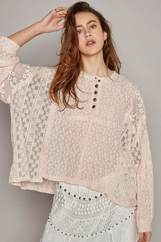 POL Round Neck Long Sleeve Raw Edge Lace Top | us.meeeshop