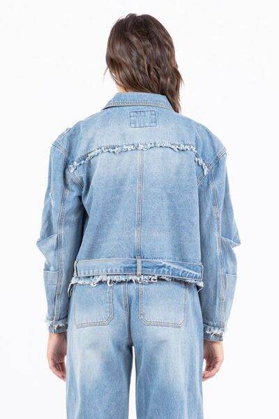 American Bazi Distressed Frayed Edge Zip Up Denim Jacket Plus Size - us.meeeshop