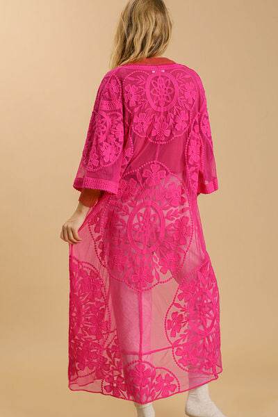 Umgee Floral Lace Open Front Long Kimono with Waist Tie Plus Size - us.meeeshop