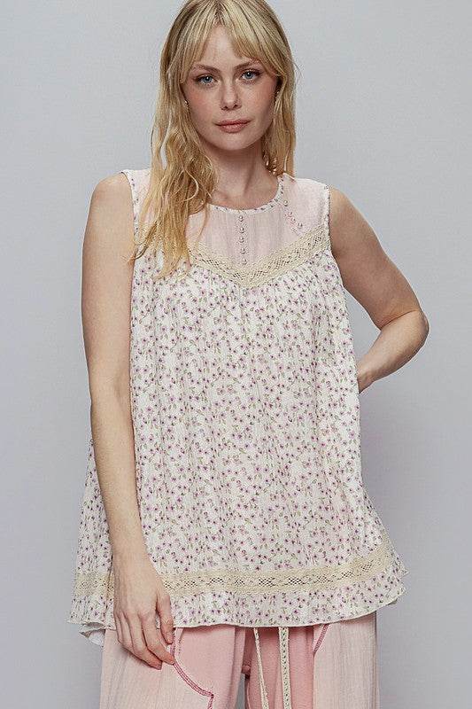 POL Lace Detail Floral Round Neck Sleeveless Top - us.meeeshop