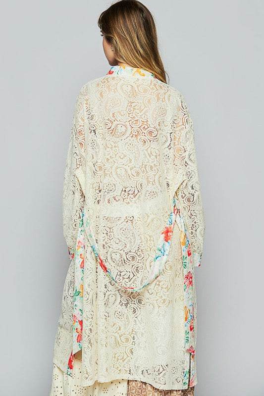 POL Floral Trim Lace Open Front Longline Cardigan in NATURAL - us.meeeshop